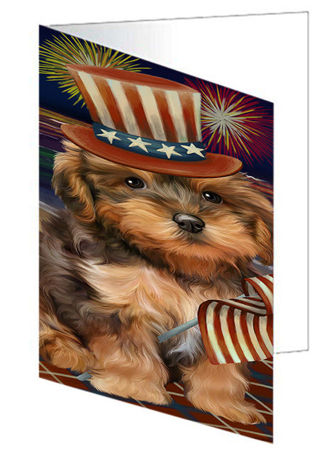 4th of July Independence Day Firework Yorkipoo Dog Handmade Artwork Assorted Pets Greeting Cards and Note Cards with Envelopes for All Occasions and Holiday Seasons GCD52949