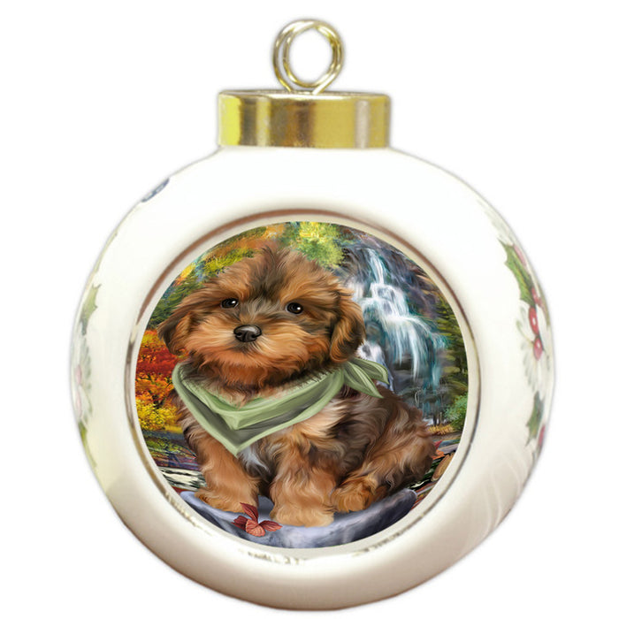 Scenic Waterfall Yorkipoo Dog Round Ball Christmas Ornament RBPOR50193
