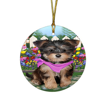 Spring Floral Yorkipoo Dog Round Flat Christmas Ornament RFPOR52184