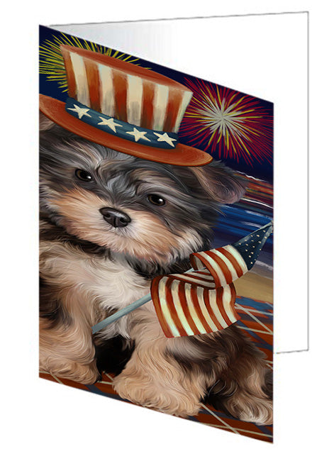 4th of July Independence Day Firework Yorkipoo Dog Handmade Artwork Assorted Pets Greeting Cards and Note Cards with Envelopes for All Occasions and Holiday Seasons GCD52952