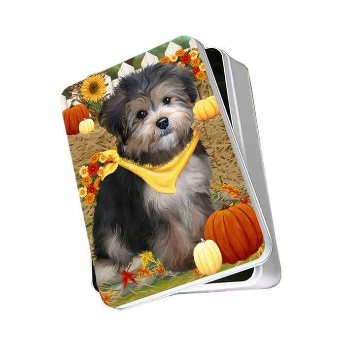 Fall Autumn Greeting Yorkipoo Dog with Pumpkins Photo Storage Tin PITN50894