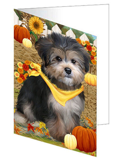 Fall Autumn Greeting Yorkipoo Dog with Pumpkins Handmade Artwork Assorted Pets Greeting Cards and Note Cards with Envelopes for All Occasions and Holiday Seasons GCD56711