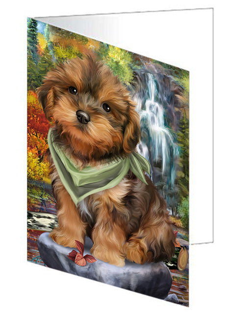Scenic Waterfall Yorkipoo Dog Handmade Artwork Assorted Pets Greeting Cards and Note Cards with Envelopes for All Occasions and Holiday Seasons GCD54608
