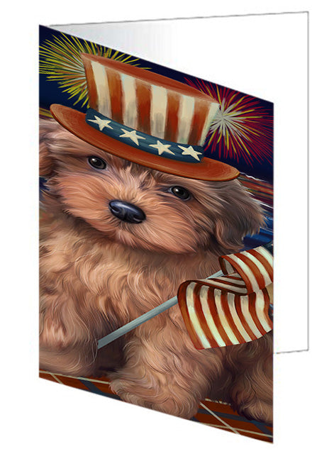 4th of July Independence Day Firework Yorkipoo Dog Handmade Artwork Assorted Pets Greeting Cards and Note Cards with Envelopes for All Occasions and Holiday Seasons GCD52955