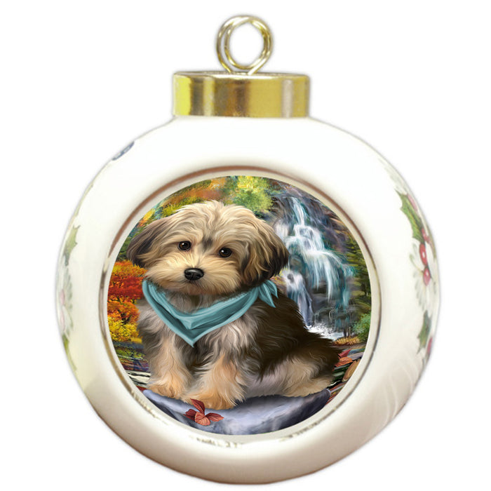 Scenic Waterfall Yorkipoo Dog Round Ball Christmas Ornament RBPOR50194