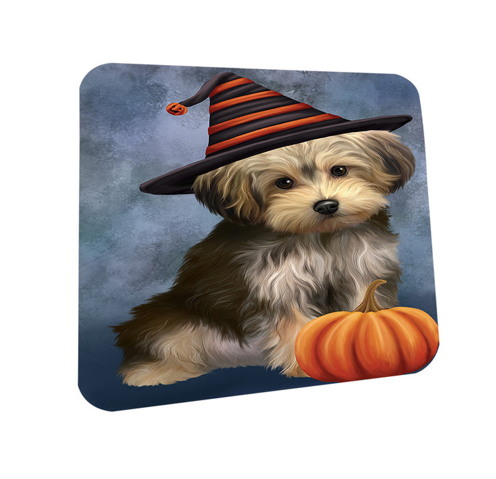 Happy Halloween Yorkipoo Dog Wearing Witch Hat with Pumpkin Coasters Set of 4 CST54712