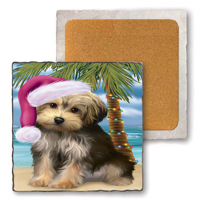 Summertime Happy Holidays Christmas Yorkipoo Dog on Tropical Island Beach Set of 4 Natural Stone Marble Tile Coasters MCST49472
