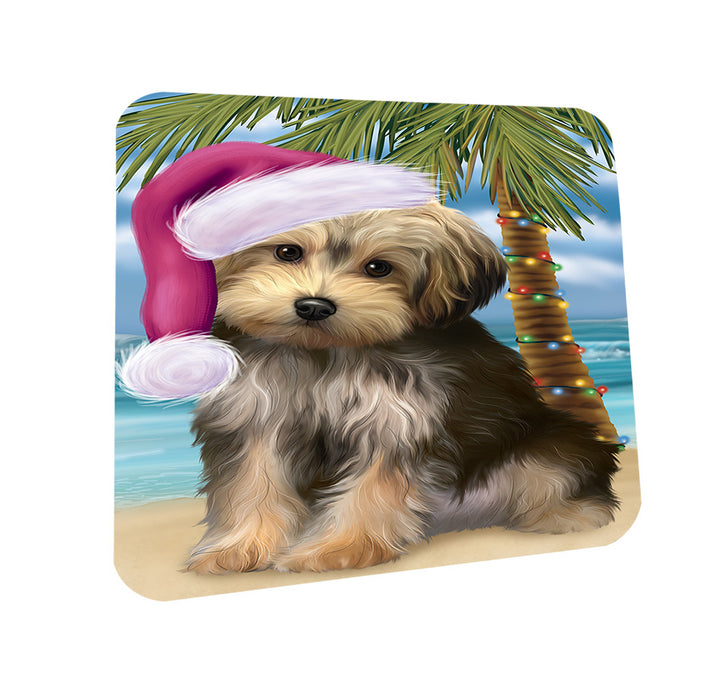 Summertime Happy Holidays Christmas Yorkipoo Dog on Tropical Island Beach Coasters Set of 4 CST54430