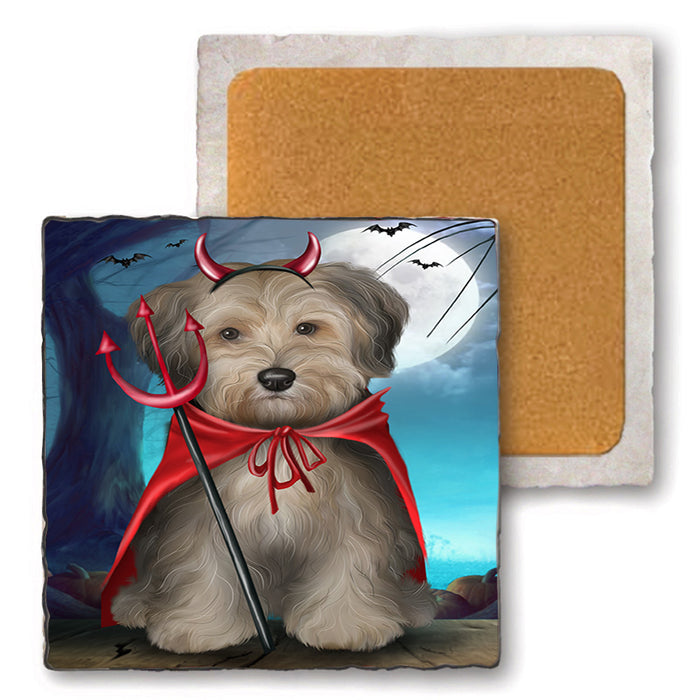 Happy Halloween Trick or Treat Yorkipoo Dog Set of 4 Natural Stone Marble Tile Coasters MCST49544