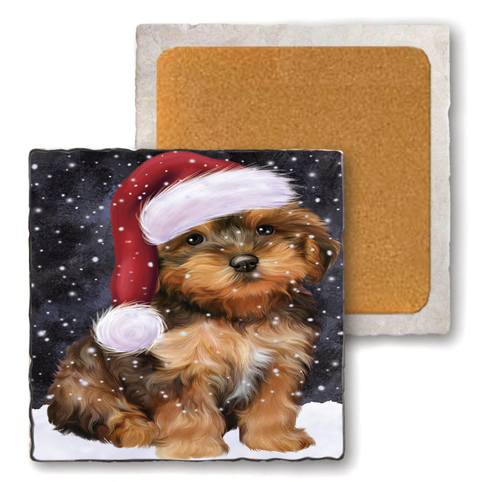 Let it Snow Christmas Holiday Yorkipoo Dog Wearing Santa Hat Set of 4 Natural Stone Marble Tile Coasters MCST49338