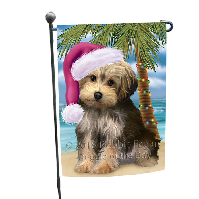 Summertime Happy Holidays Christmas Yorkipoo Dog on Tropical Island Beach Garden Flag GFLG54662