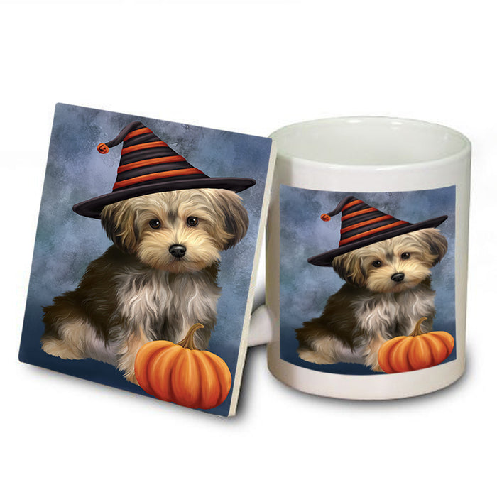 Happy Halloween Yorkipoo Dog Wearing Witch Hat with Pumpkin Mug and Coaster Set MUC54746