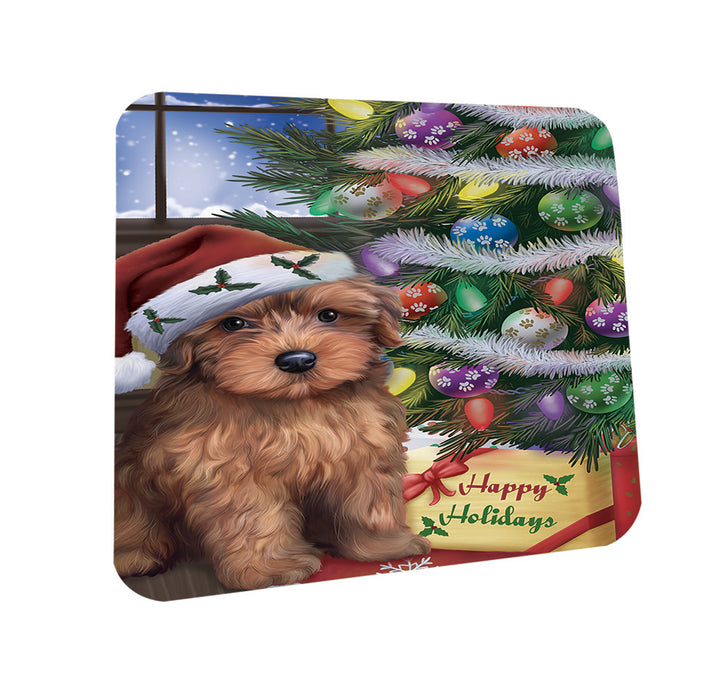Christmas Happy Holidays Yorkipoo Dog with Tree and Presents Coasters Set of 4 CST53440