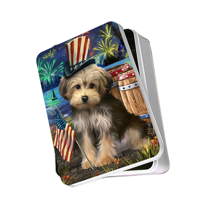 4th of July Independence Day Fireworks Yorkipoo Dog at the Lake Photo Storage Tin PITN51263