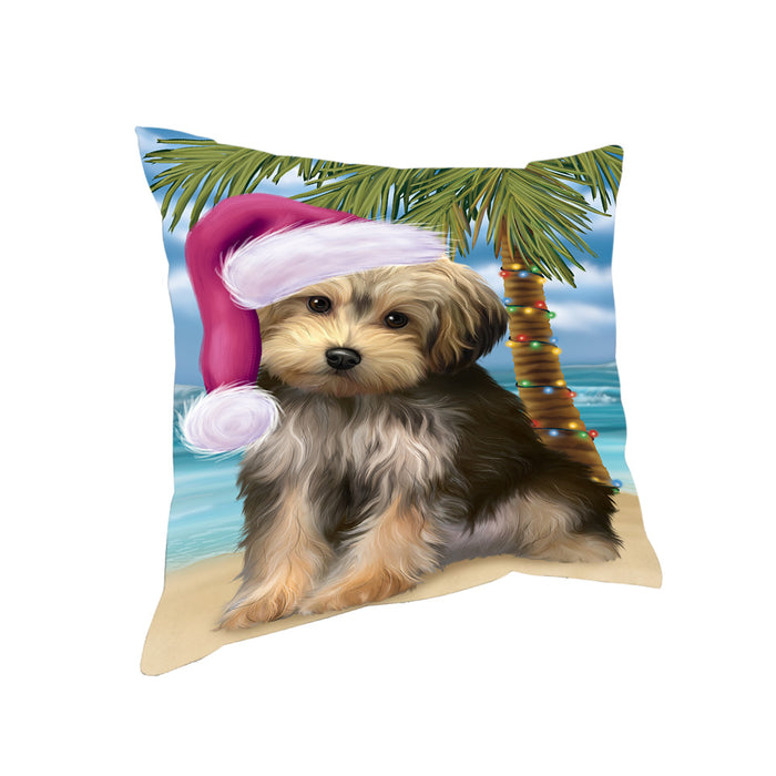 Summertime Happy Holidays Christmas Yorkipoo Dog on Tropical Island Beach Pillow PIL75024