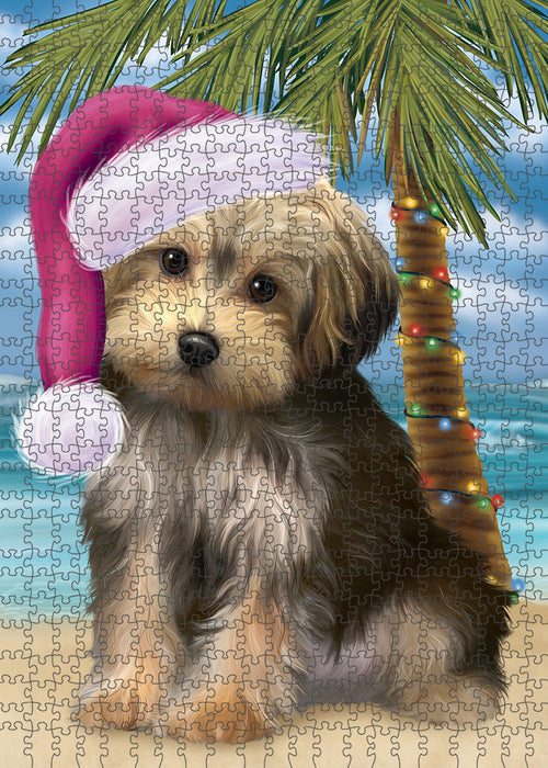 Summertime Happy Holidays Christmas Yorkipoo Dog on Tropical Island Beach Puzzle with Photo Tin PUZL85556