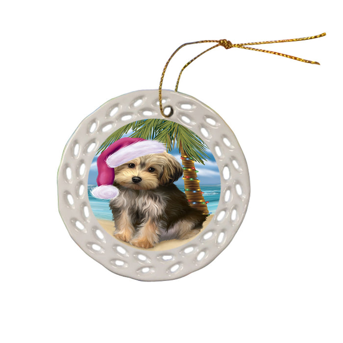 Summertime Happy Holidays Christmas Yorkipoo Dog on Tropical Island Beach Ceramic Doily Ornament DPOR54600