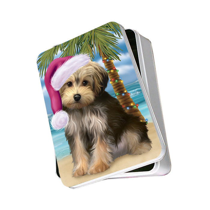 Summertime Happy Holidays Christmas Yorkipoo Dog on Tropical Island Beach Photo Storage Tin PITN54415
