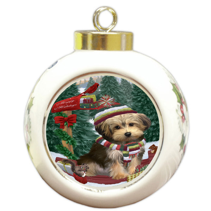 Merry Christmas Woodland Sled Yorkipoo Dog Round Ball Christmas Ornament RBPOR55432