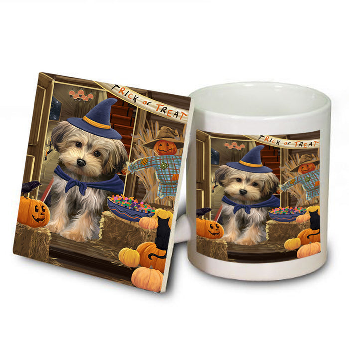 Enter at Own Risk Trick or Treat Halloween Yorkipoo Dog Mug and Coaster Set MUC53341
