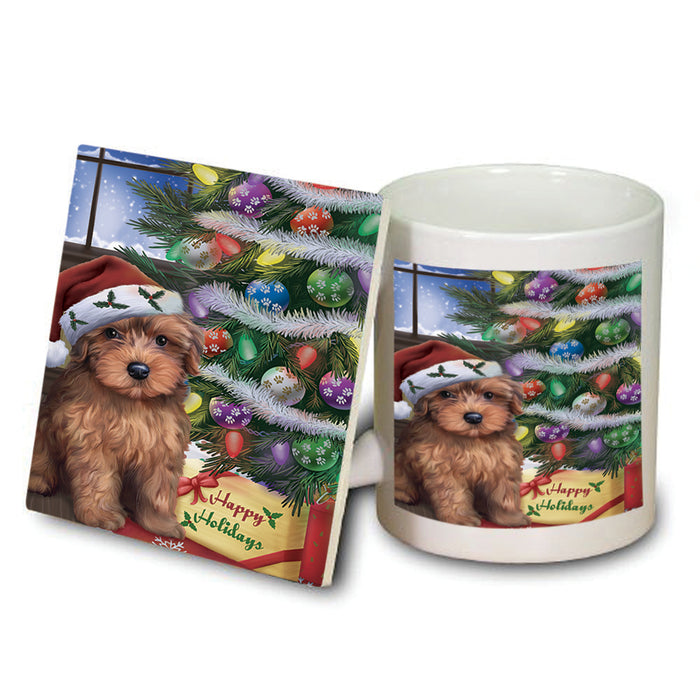 Christmas Happy Holidays Yorkipoo Dog with Tree and Presents Mug and Coaster Set MUC53474