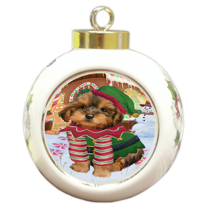 Christmas Gingerbread House Candyfest Yorkipoo Dog Round Ball Christmas Ornament RBPOR56960