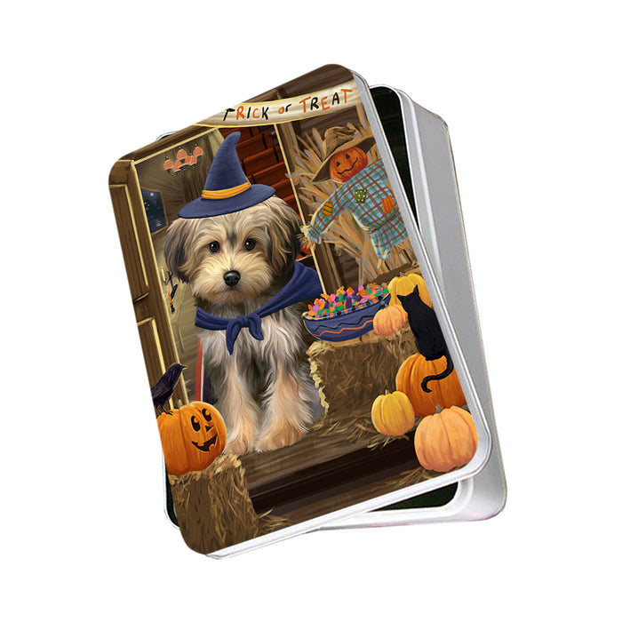 Enter at Own Risk Trick or Treat Halloween Yorkipoo Dog Photo Storage Tin PITN53349