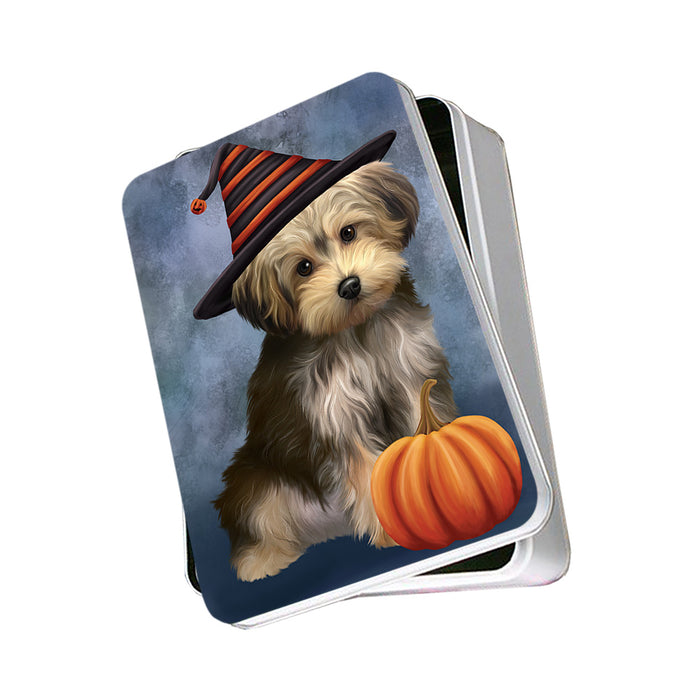 Happy Halloween Yorkipoo Dog Wearing Witch Hat with Pumpkin Photo Storage Tin PITN54697