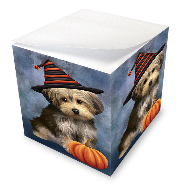 Happy Halloween Yorkipoo Dog Wearing Witch Hat with Pumpkin Note Cube NOC56400