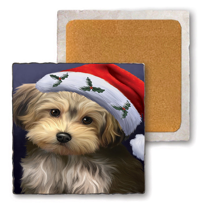 Christmas Holidays Yorkipoo Dog Wearing Santa Hat Portrait Head Set of 4 Natural Stone Marble Tile Coasters MCST48509