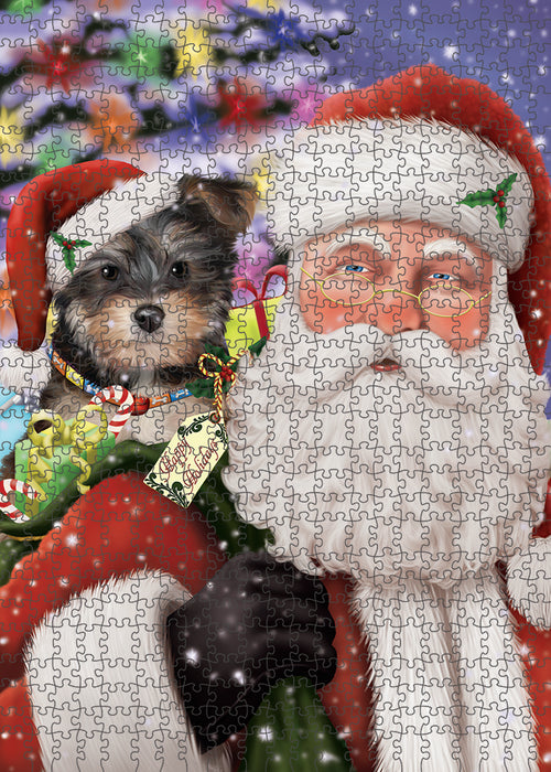 Santa Carrying Yorkipoo Dog and Christmas Presents Puzzle with Photo Tin PUZL82008