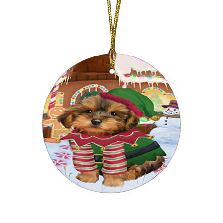 Christmas Gingerbread House Candyfest Yorkipoo Dog Round Flat Christmas Ornament RFPOR56960