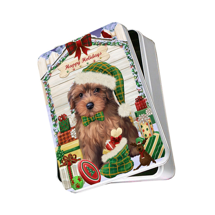 Happy Holidays Christmas Yorkipoo Dog House With Presents Photo Storage Tin PITN51536