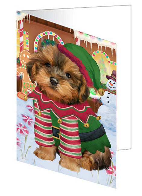 Christmas Gingerbread House Candyfest Yorkipoo Dog Handmade Artwork Assorted Pets Greeting Cards and Note Cards with Envelopes for All Occasions and Holiday Seasons GCD74327