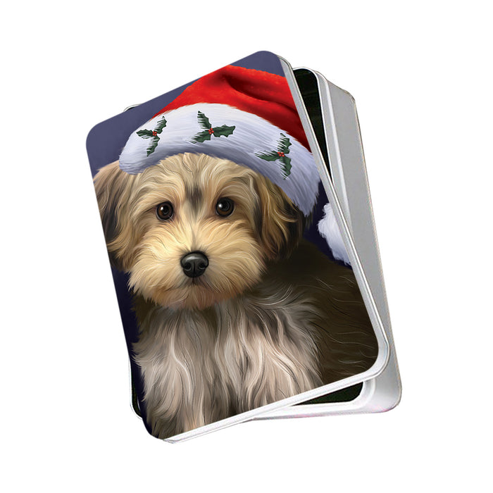 Christmas Holidays Yorkipoo Dog Wearing Santa Hat Portrait Head Photo Storage Tin PITN53509