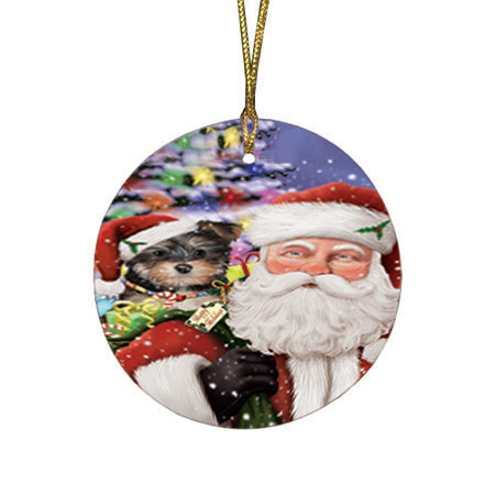 Santa Carrying Yorkipoo Dog and Christmas Presents Round Flat Christmas Ornament RFPOR53704