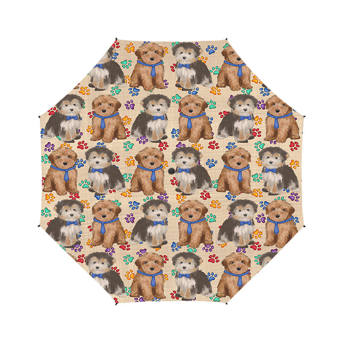 Rainbow Paw Print Yorkipoo Dogs Blue Semi-Automatic Foldable Umbrella