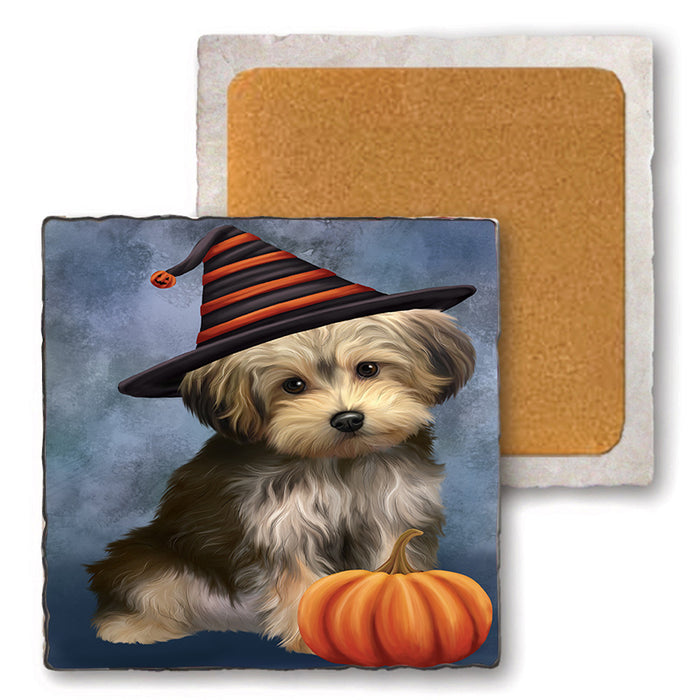 Happy Halloween Yorkipoo Dog Wearing Witch Hat with Pumpkin Set of 4 Natural Stone Marble Tile Coasters MCST49754