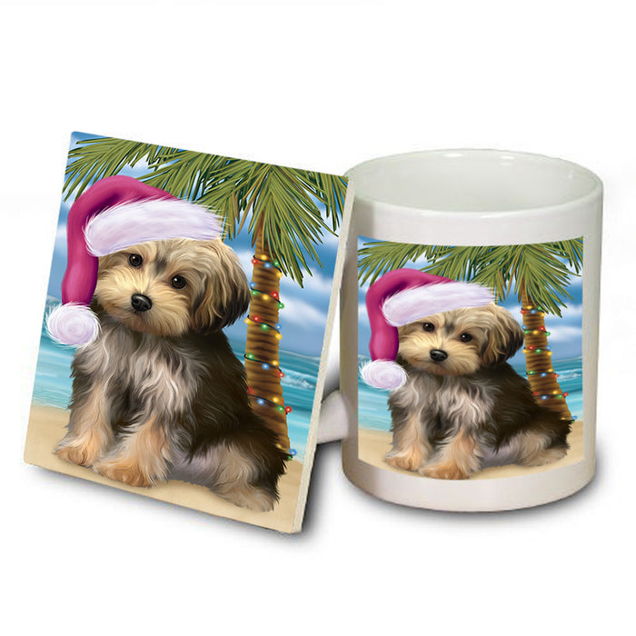 Summertime Happy Holidays Christmas Yorkipoo Dog on Tropical Island Beach Mug and Coaster Set MUC54464