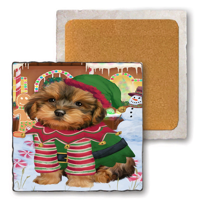 Christmas Gingerbread House Candyfest Yorkipoo Dog Set of 4 Natural Stone Marble Tile Coasters MCST51604