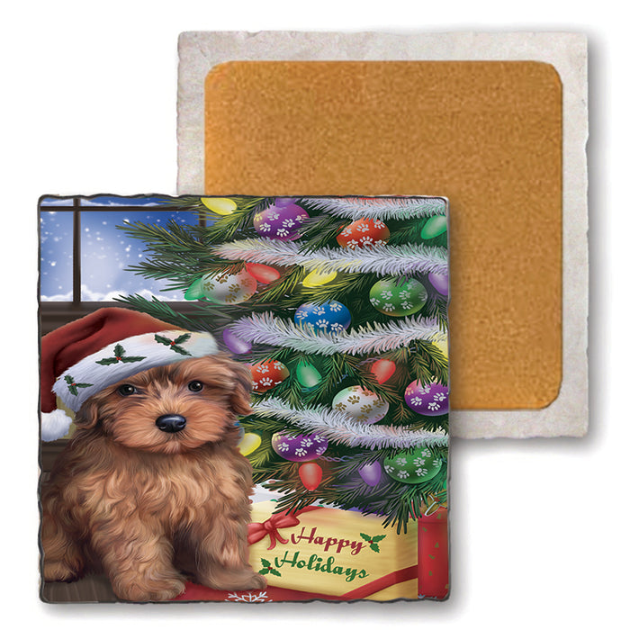 Christmas Happy Holidays Yorkipoo Dog with Tree and Presents Set of 4 Natural Stone Marble Tile Coasters MCST48482