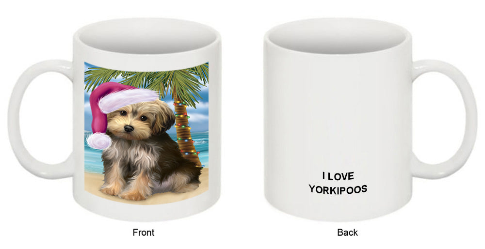 Summertime Happy Holidays Christmas Yorkipoo Dog on Tropical Island Beach Coffee Mug MUG49870