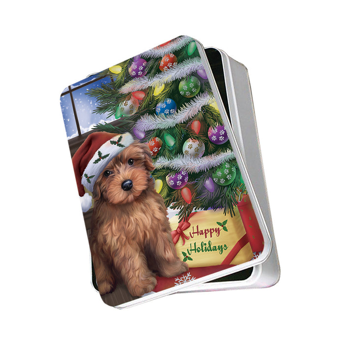 Christmas Happy Holidays Yorkipoo Dog with Tree and Presents Photo Storage Tin PITN53482