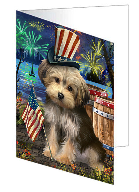 4th of July Independence Day Fireworks Yorkipoo Dog at the Lake Handmade Artwork Assorted Pets Greeting Cards and Note Cards with Envelopes for All Occasions and Holiday Seasons GCD57818