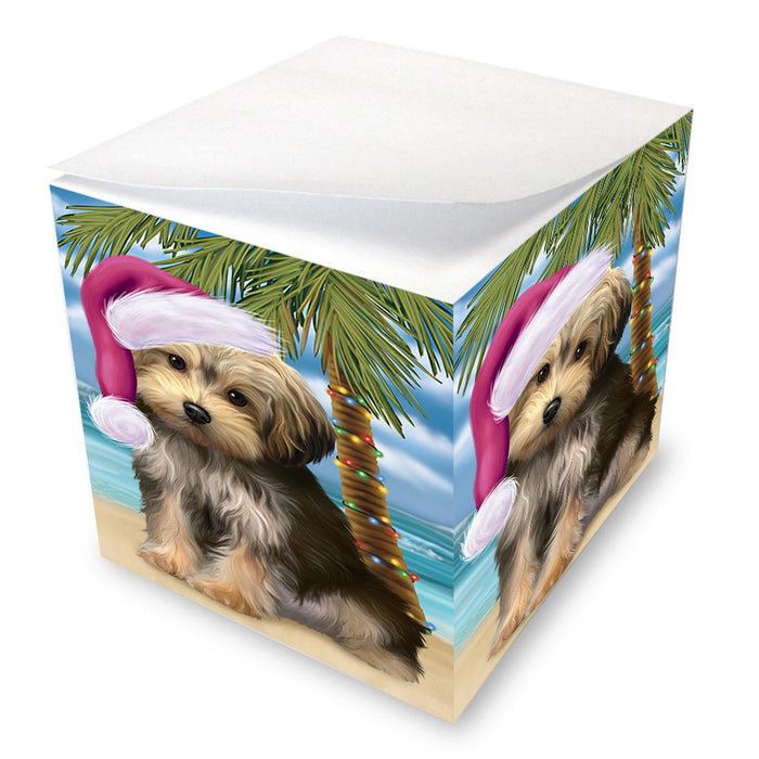 Summertime Happy Holidays Christmas Yorkipoo Dog on Tropical Island Beach Note Cube NOC56118