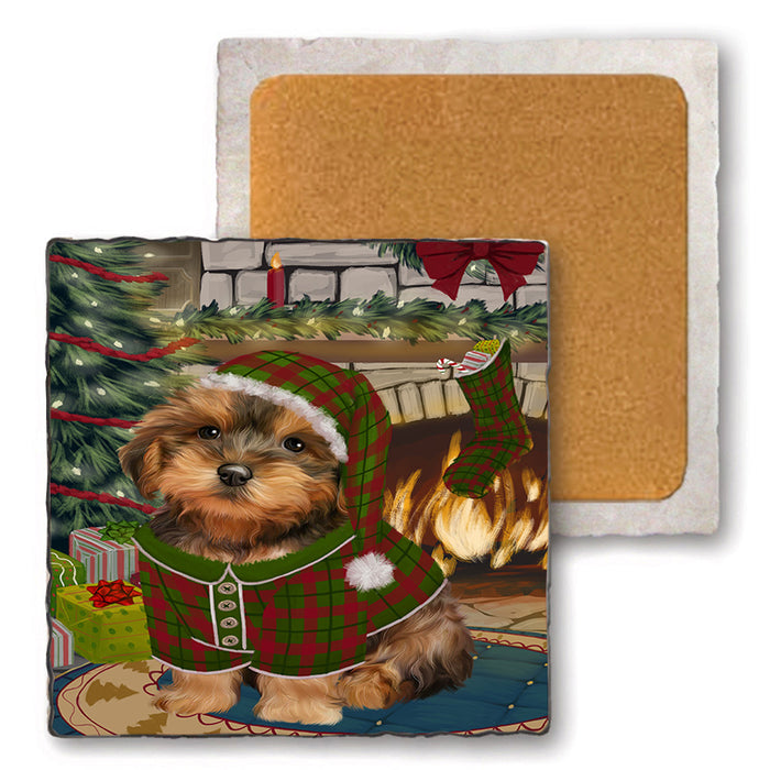 The Stocking was Hung Yorkipoo Dog Set of 4 Natural Stone Marble Tile Coasters MCST50666