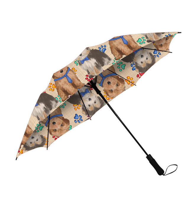 Rainbow Paw Print Yorkipoo Dogs Blue Semi-Automatic Foldable Umbrella