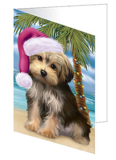 Summertime Happy Holidays Christmas Yorkipoo Dog on Tropical Island Beach Handmade Artwork Assorted Pets Greeting Cards and Note Cards with Envelopes for All Occasions and Holiday Seasons GCD67829