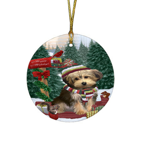 Merry Christmas Woodland Sled Yorkipoo Dog Round Flat Christmas Ornament RFPOR55432