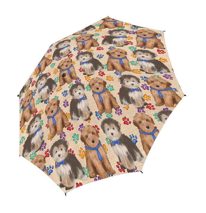 Rainbow Paw Print Yorkipoo Dogs Blue Semi-Automatic Foldable Umbrella